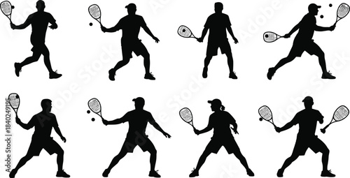 Racquet Sport Player Silhouettes Set, Squash, Racquetball, or Tennis Black Vector Icons, Athlete, Competition, Training, Fitness, Dynamic Action Graphic