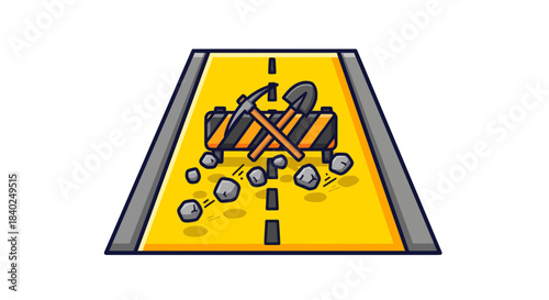 Road Construction Ahead: Cartoon Illustration of Detour Barricade and Tools