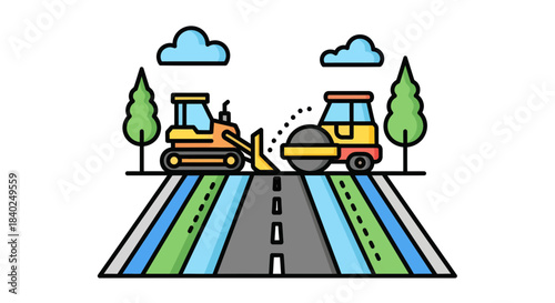 Road Construction Equipment Working Depicting Pavement Creation With Graphic Illustration