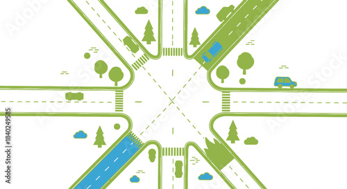 Road Intersection Diagram With Cars, Trees And Clouds Representing Transport And Transit Systems