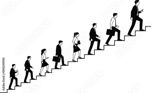 Business people walking upstairs in progression steps, symbolizing career growth, corporate success, development stages, motivation concepts, and advancement illustration for professional vector 