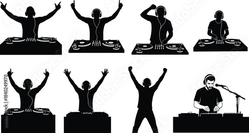 DJ silhouette vector set showing music performance poses, mixing console actions, party energy, club entertainment scenes, ideal for nightlife themes, festival designs, and audio illustration projects