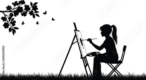 Silhouette of a girl painting outdoors on an easel, surrounded by nature, birds, and tree branches, perfect for art themes, creativity concepts, and vector illustrations