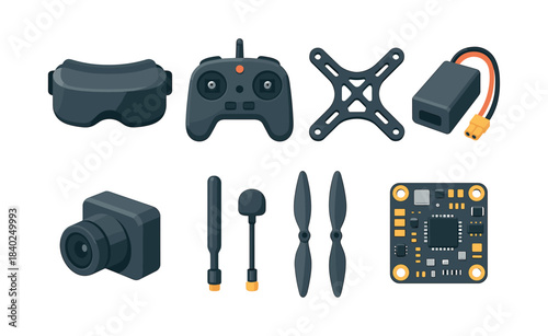 Drone accessories set. Drone accessories flat vector illustration. 