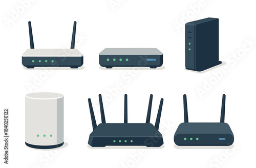 Wireless router and modem collection, flat vector illustration, internet devices