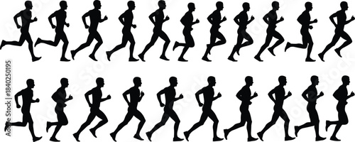 Silhouette running man sequence showcasing dynamic motion, athletic movement, fitness animation frames, jogger poses, marathon training illustration for sports, exercise, and action design projects