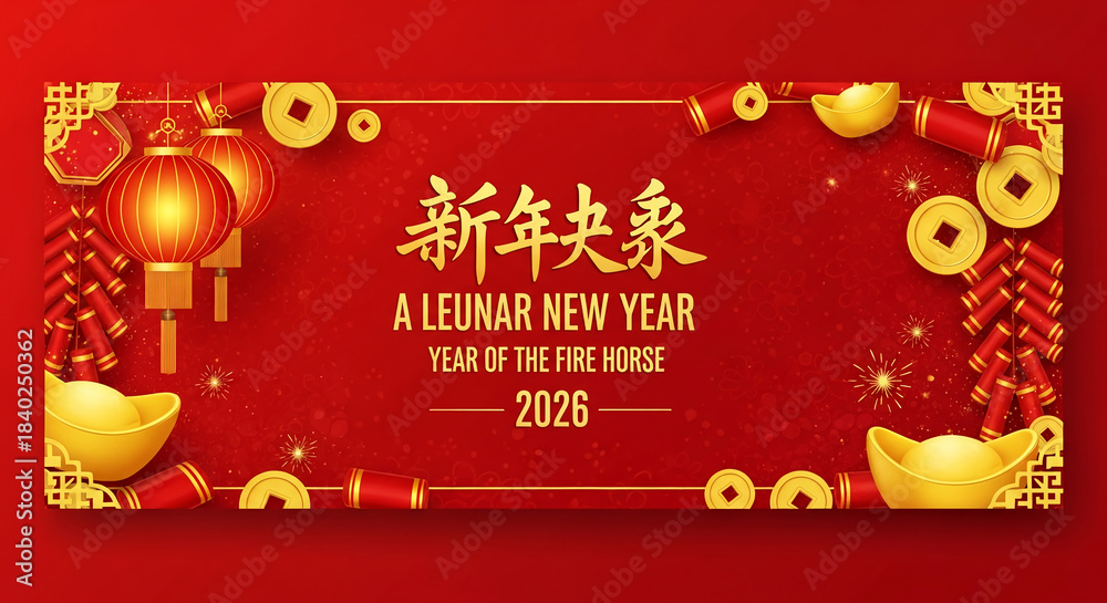 Naklejka premium Festive red and gold Lunar New Year banner, displaying lantern, coin, and firecracker elements, symbolizing prosperity and celebration for 2026