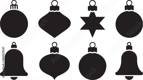 Collection of Black Christmas Ornament Icons on White Background Keywords: christmas, ornament, decoration, bauble, bell, star, ball, holiday, festive, celebration, winter, season, xmas, new year