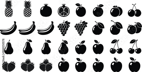 Fruit silhouette collection, assorted fresh fruits icons, healthy food illustration set, tropical and seasonal fruit elements for nutrition designs, organic market graphics, vector artwork