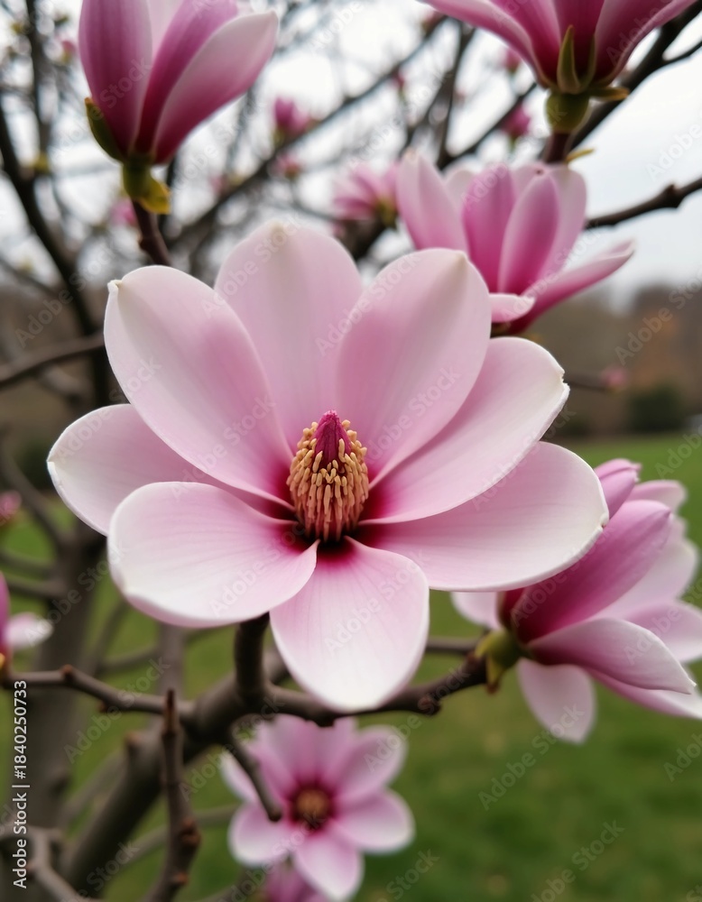 Obraz premium Delicate magnolia flowers unveil their soft pink petals, revealing golden stamens at the center. This vibrant display breathes new life into a peaceful garden on a sunny afternoon Generative AI