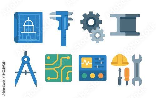 Engineering tools and gears, flat vector illustration with blueprint and caliper