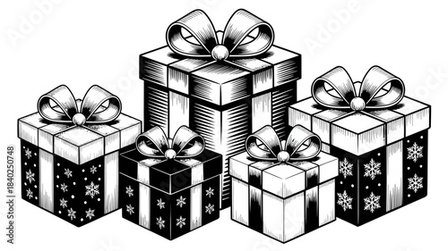 Collection of five festive gift boxes with ribbons and bows decorated with snowflakes and patterns perfect for holiday design and celebration