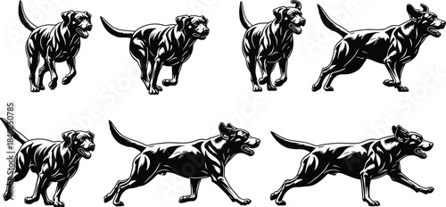 Dog running silhouettes, motion sequence, black vector art, animal locomotion, pet movement, walking to sprint, canine poses, dynamic shape, cartoon style