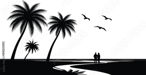 Tropical beach silhouettes, palm trees, walking couple, birds flying, ocean view, sunset mood, black vector art, nature, travel, romantic scene, peaceful