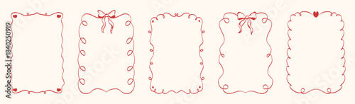 Set of vintage inspired hand drawn Valentine’s Day frames with whimsical lines, bows, hearts, ribbons. Vector illustrations perfect decorative holiday borders for greeting cards, posters, invitations.