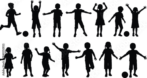 Children silhouettes playing, jumping, running, soccer activity, outdoor fun, energetic kids, joyful movement, sports poses, youth recreation, dynamic posture, black vector art