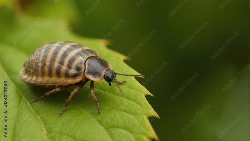 Naklejka premium Close up of a striped woodlouse on a green leaf in nature.