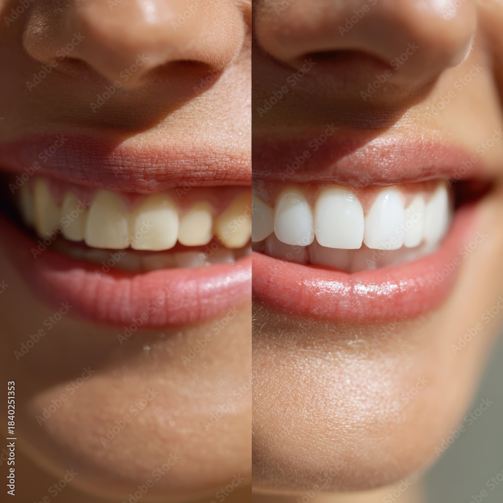 Obraz premium Close-up of a woman's smile showcasing before and after teeth whitening, highlighting improved dental aesthetics, Ideal for dental clinics, beauty marketing, or oral health promotions,