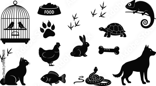 Pet silhouette vector illustration, dog, cat, rabbit, bird, turtle, snake, fish, animal icons, black graphic, companion animals, stock artwork