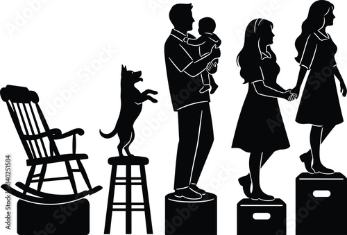 Life stages silhouette vector, family growth, aging process, childhood, parenthood, maturity, symbolic figures, black illustration, emotional journey, stock concept art