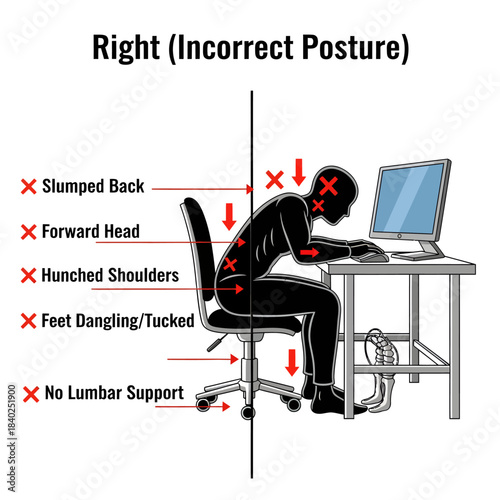 Illustration showing a person with incorrect posture while sitting at a computer desk, highlighting common ergonomic mistakes like a slumped back and forward head.