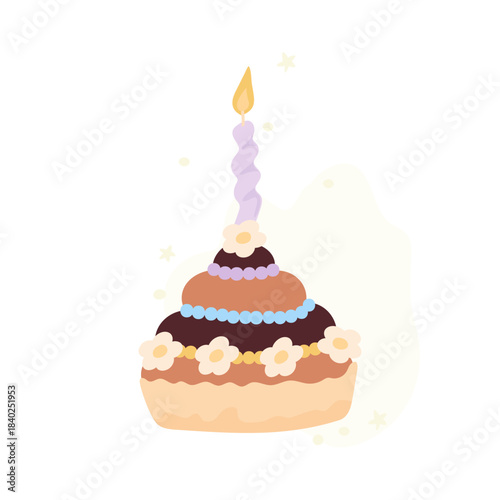 Festive chocolate cupcake with candle and delicate flowers decor. Simple vector illustration isolated on white background. Sweet dessert for a birthday celebration.