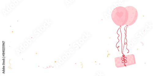 Pink helium balloons and gift with confetti. Vector illustration horizontal banner on white background. Holiday card for Valentine's Day and birthday party.
