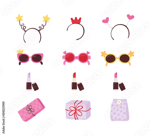 Different party objects, colorful holiday items, gift, cake, drink. Hand drawn simple illustration dance club, karaoke, rave party, concert, bachelorette and girls birthday party.