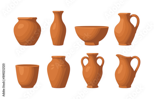 Clay pottery assortment, vases, bowls, jugs, flat vector illustration