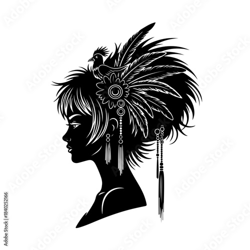 Silhouette of a woman with elaborate headdress featuring feathers, a bird, and dangling earrings, presented in a profile view.