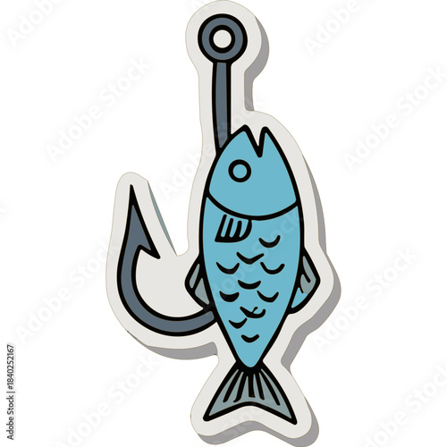 Simple Illustration Of A Blue Fish Caught On A Fishing Hook With A Grey Hook Against A Black Background Representing A Fishing Concept