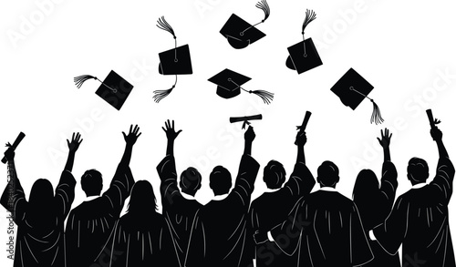 Graduation celebration silhouette, students in gowns, mortarboard caps flying, diploma success, academic achievement, university ceremony, vector illustration, black background, education joy