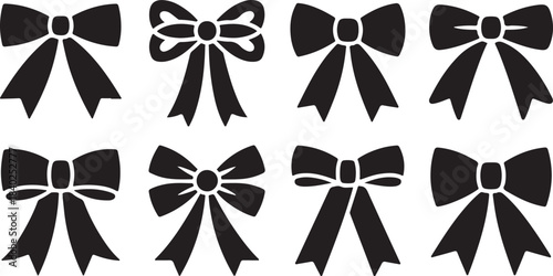 Collection of Eight Black Silhouette Bows on White Background ribbon gift