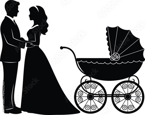 Family silhouette with baby carriage, romantic couple holding hands, parenthood concept, elegant vector illustration for love, maternity, and family design themes