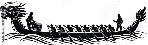Dragon boat silhouette vector, traditional racing team paddling, cultural sport illustration, teamwork and water activity concept for Asian festival and competition design