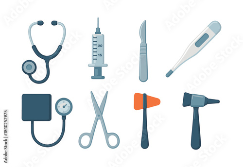 Medical tool vector illustration, stethoscope, syringe, flat vector design