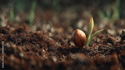 A seed sprouting, symbolizing growth and new beginnings, against a rich, earthy backdrop