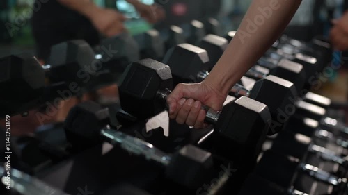 Asian woman working out on gym equipment to improve fitness, strength, and health. Ideal for concepts of healthy lifestyle, exercise routine, wellness, self care, and modern indoor fitness training