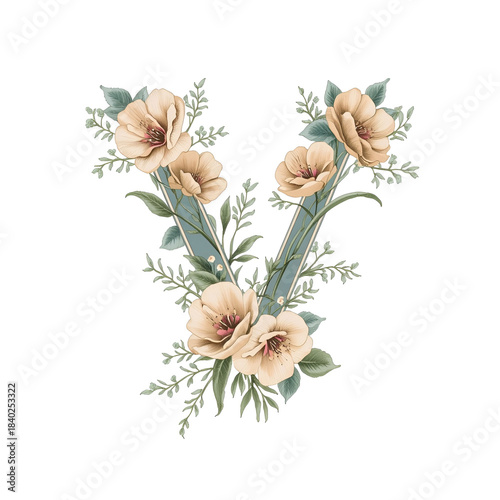 Decorative V alphabet letter adorned with delicate floral elements.