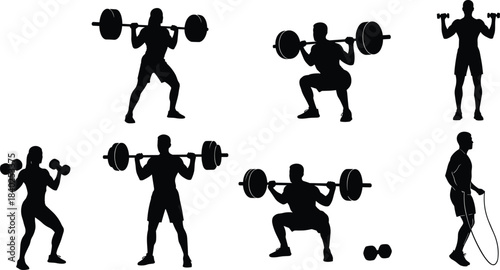 Fitness workout silhouette set, gym training poses, barbell and dumbbell exercises, strength and cardio routine, vector illustration for health and fitness content