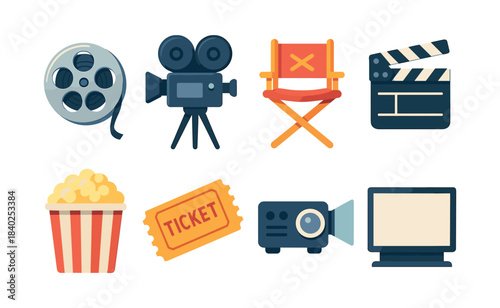 Movie theater icons, film reel, projector, clapperboard, flat vector illustration