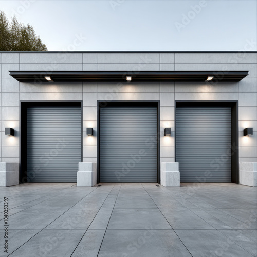 Three identical gray roller shutter doors on modern commercial building exterior, clean concrete pavement, minimalistic urban architecture