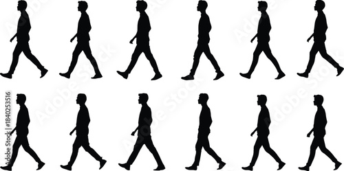 Silhouette of walking person, motion cycle, human locomotion, black vector illustration, animation reference, seamless pattern, movement sequence, posture study, gesture icon