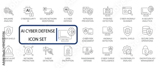 AI Cyber Defense  Line Icon Set. Perfect for cybersecurity, network, data protection, and IT security projects. Fully editable vector.