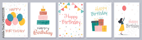 Set of birthday greeting cards featuring a cake, balloons, gift boxes, confetti, and a girl. Vector illustration of a set of greeting cards.