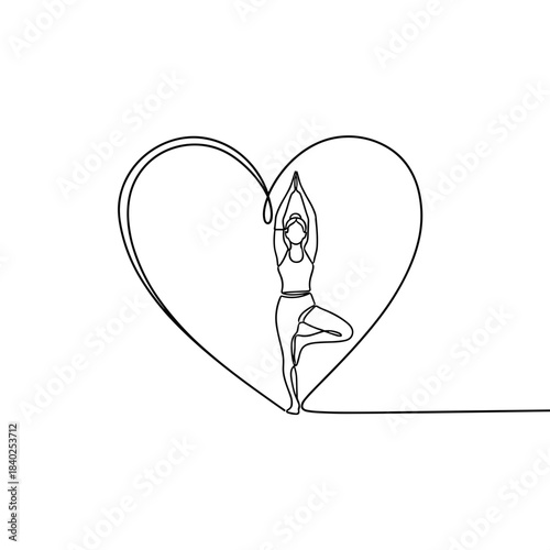 Woman practicing yoga inside a heart shape in minimalist style  