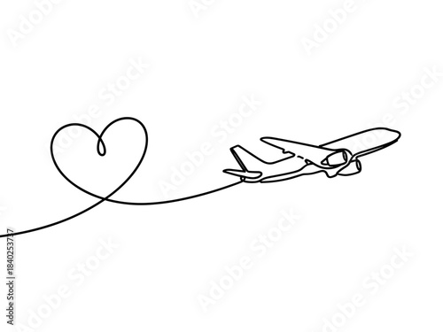 Airplane with heart shape line art illustration  