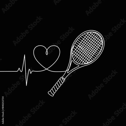 Tennis racket with heart and heartbeat line on black background  