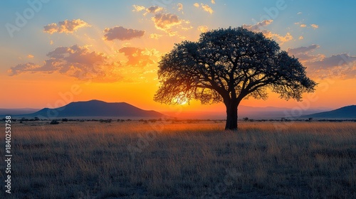 Sunrise silhouettes a lone tree over savanna