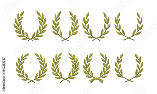 Laurel wreath set, olive branches, ancient award symbols, flat vector illustration